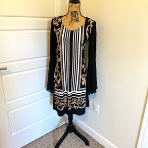 MSK Black Patterned Bell Sleeve Boho Dress Size Small